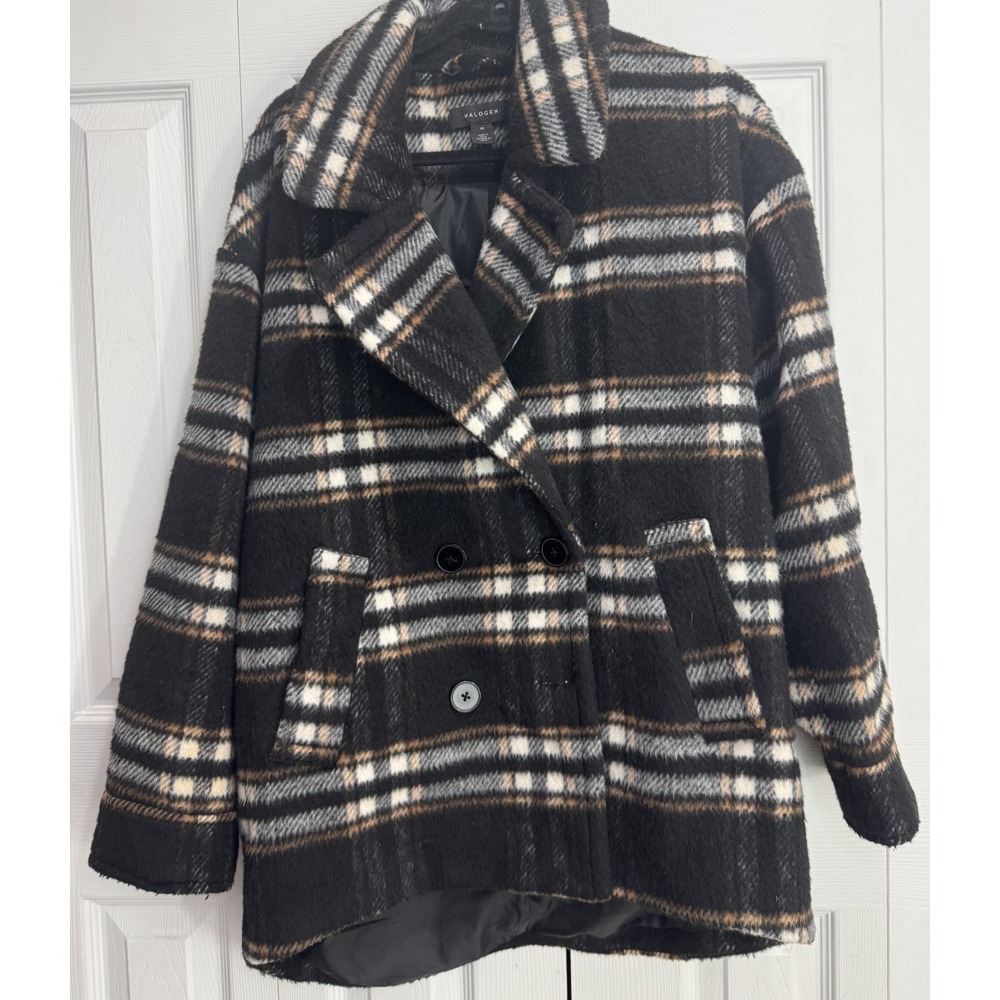 Halogen Barn Plaid Double Breasted Pea Coat‎ Women's Medium Black Long Sleeve